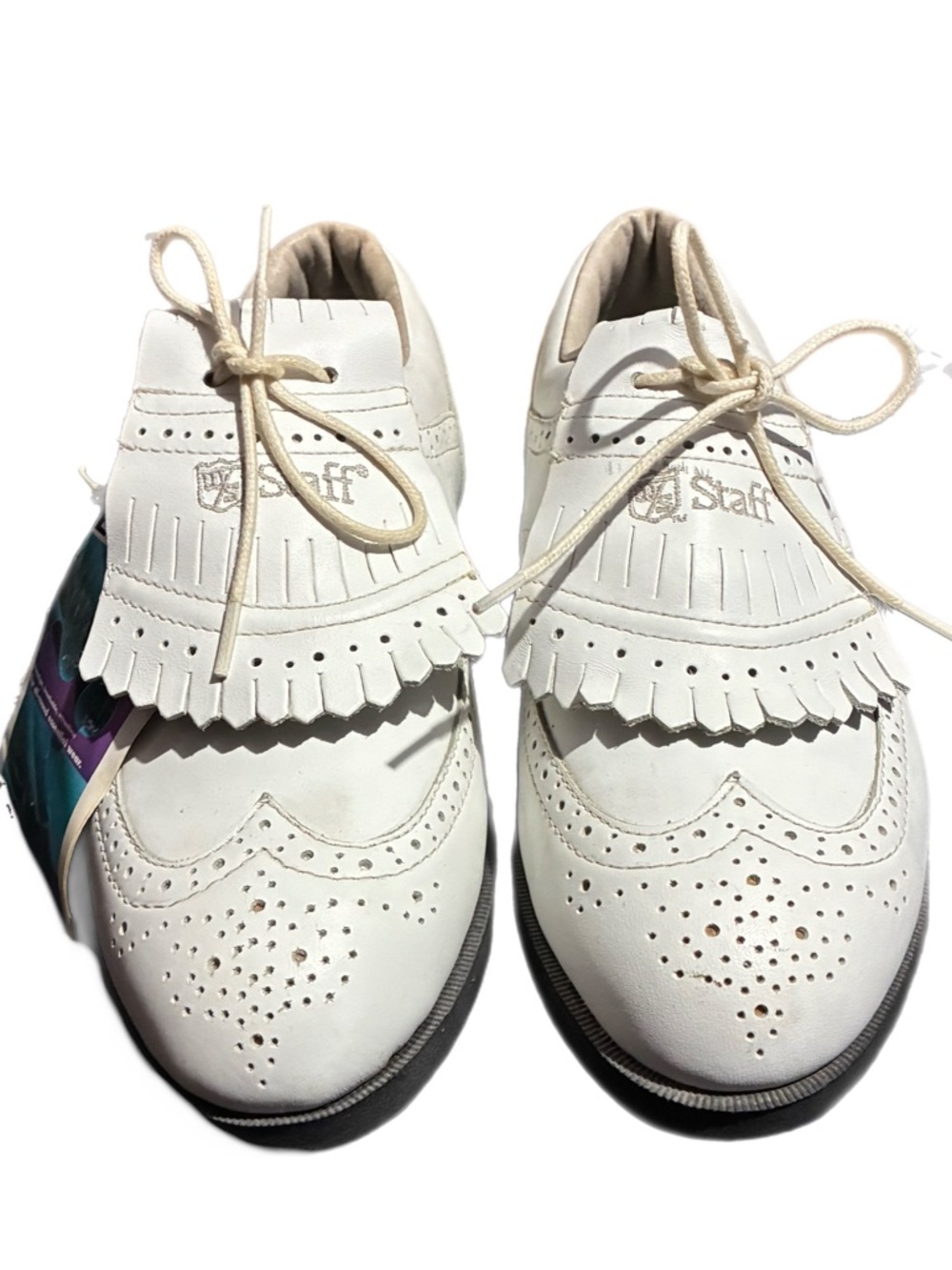 Wilson Staff White Leather Kiltie Wingtip Golf Shoes Loafers Size 7.5 Spiked - Picture 1 of 10